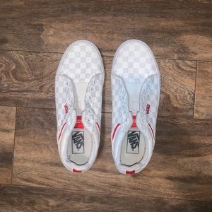 White, red, and Gray checkered Vans